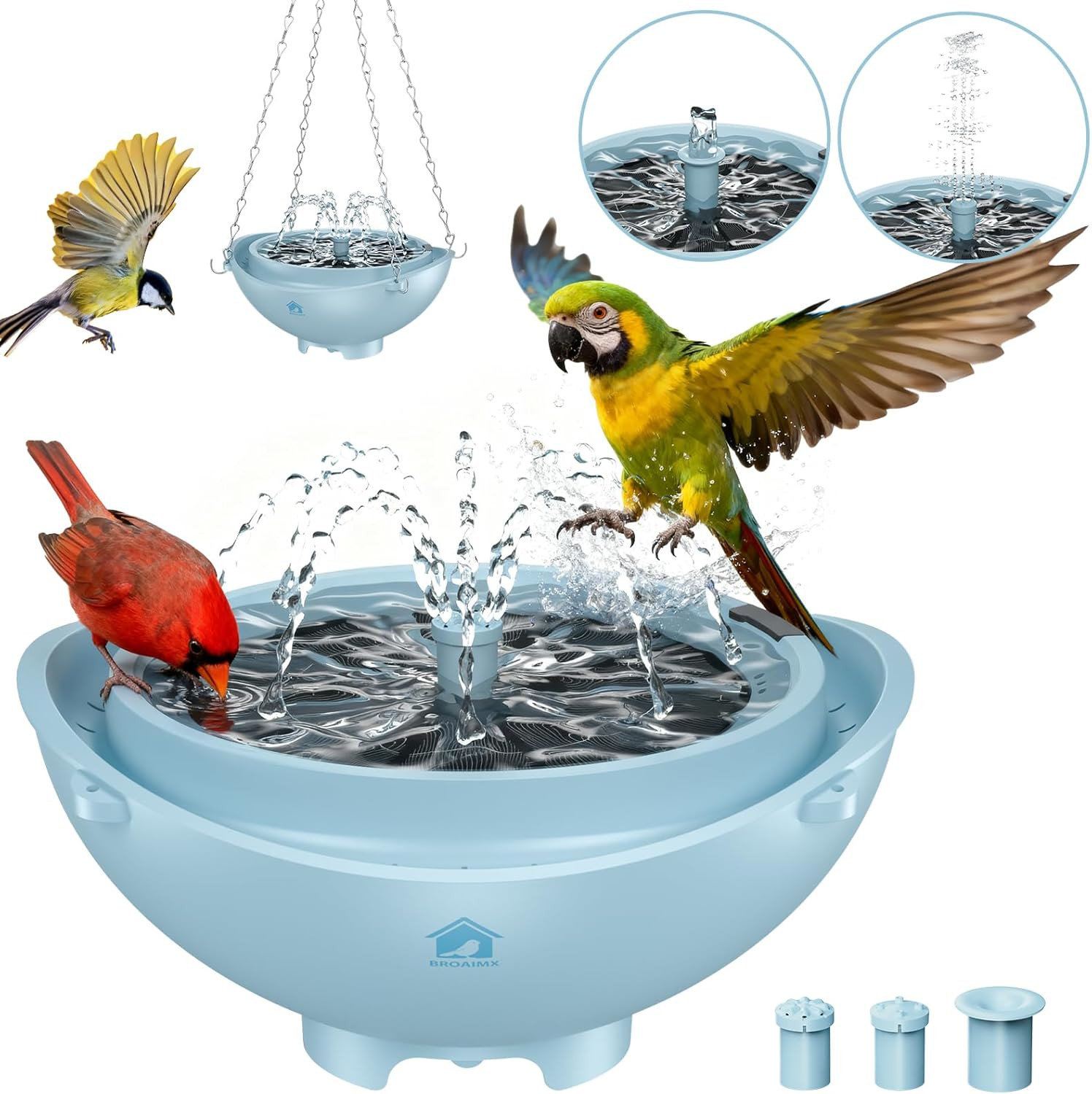 Solar Powered Bird Bath Fountain with Built-in Lithium Battery, 3 Nozzles for Garden, Automatic Low-Water Protection, Gift for Bird Lovers (Light Blue)