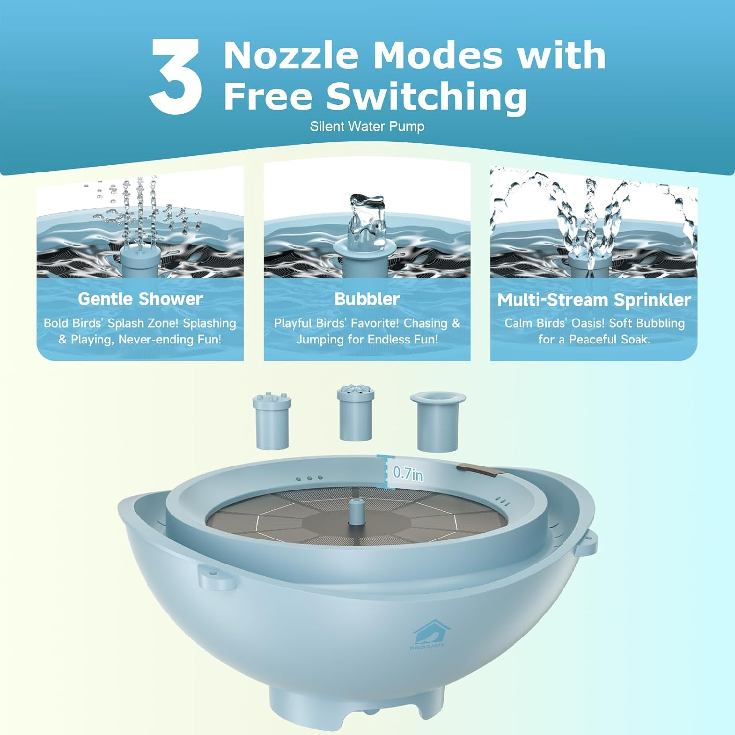 Solar Powered Bird Bath Fountain with Built-in Lithium Battery, 3 Nozzles for Garden, Automatic Low-Water Protection, Gift for Bird Lovers (Light Blue)