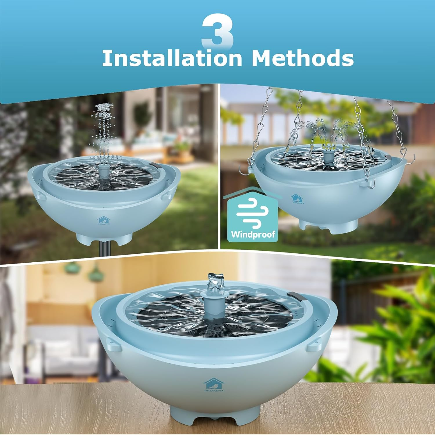 Solar Powered Bird Bath Fountain with Built-in Lithium Battery, 3 Nozzles for Garden, Automatic Low-Water Protection, Gift for Bird Lovers (Light Blue)