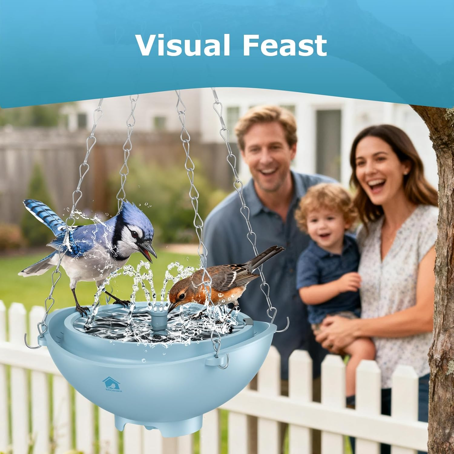 Solar Powered Bird Bath Fountain with Built-in Lithium Battery, 3 Nozzles for Garden, Automatic Low-Water Protection, Gift for Bird Lovers (Light Blue)