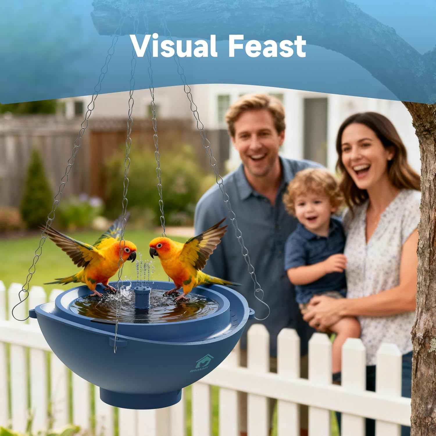 Solar Powered Bird Bath Fountain with Built-in Lithium Battery, 3 Nozzles for Garden, Automatic Low-Water Protection, Gift for Bird Lovers (Deep Blue)