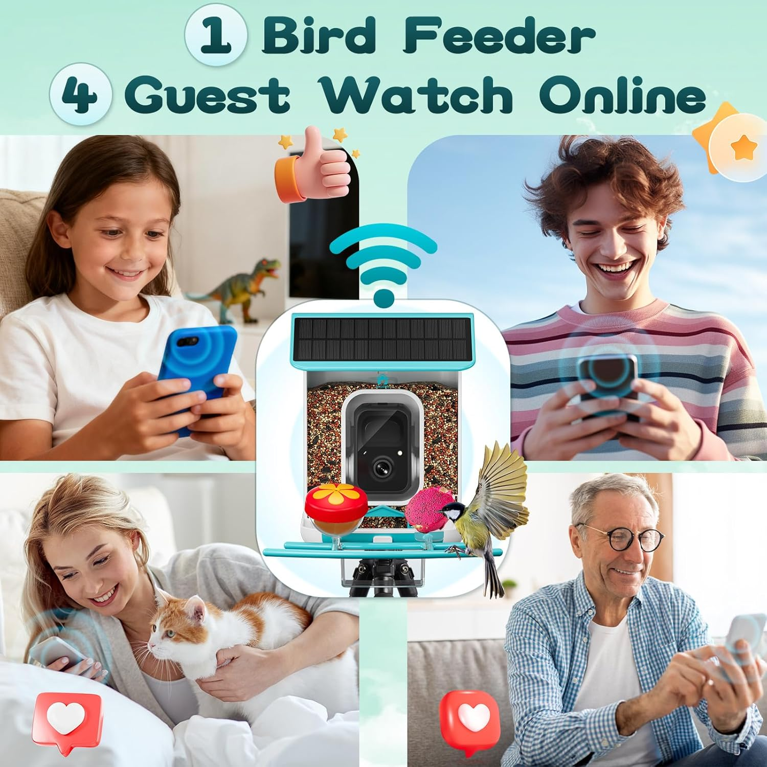 Smart Bird Feeder with Camera-AI Identify 11,000+ Species, 2K HD Auto Capture Birds Video & 64G TF Card, Solar-Powered Wireless Outdoor Design, Birdhouse with Built-in Two-Way Microphone