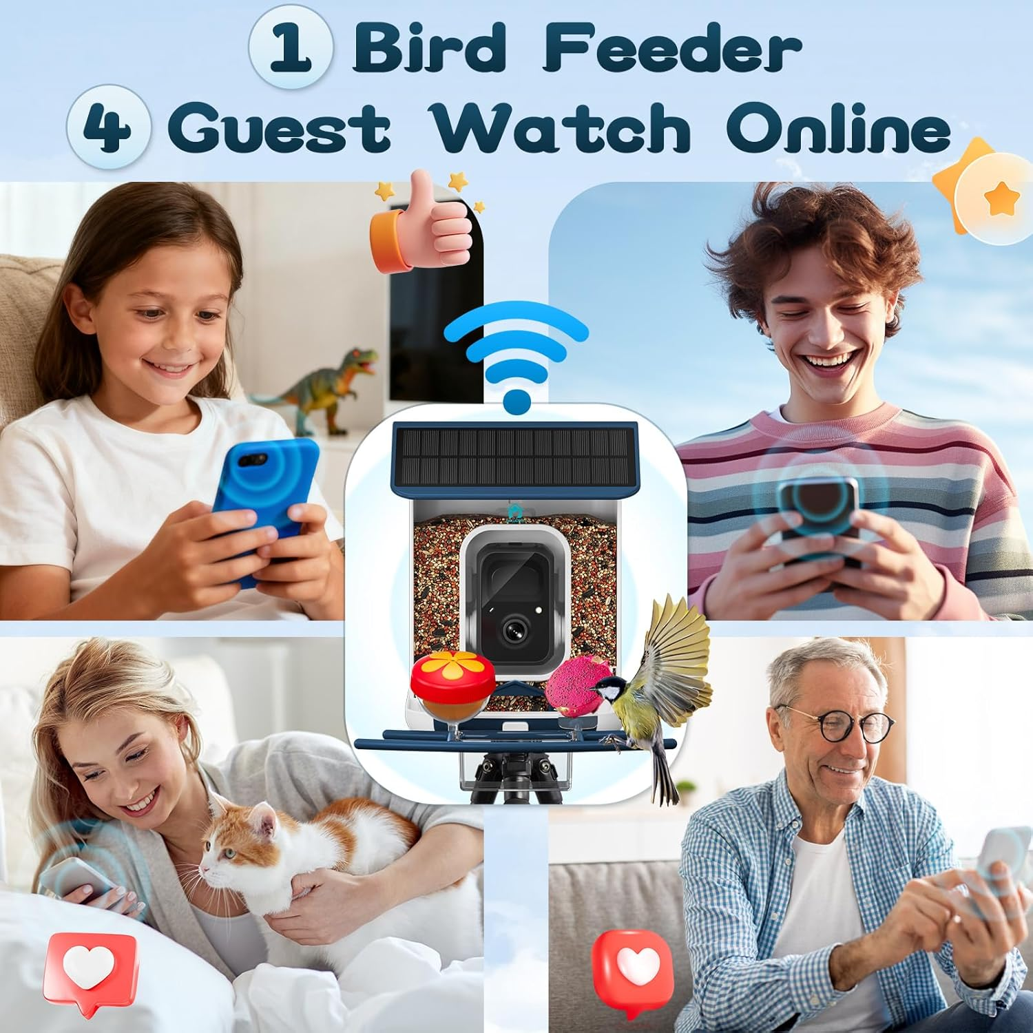 Smart Bird Feeder with Camera-AI Identify 11,000+ Species, 2K HD Auto Capture Birds Video & 64G TF Card, Solar-Powered Wireless Outdoor Design, Birdhouse with Built-in Two-Way Microphone