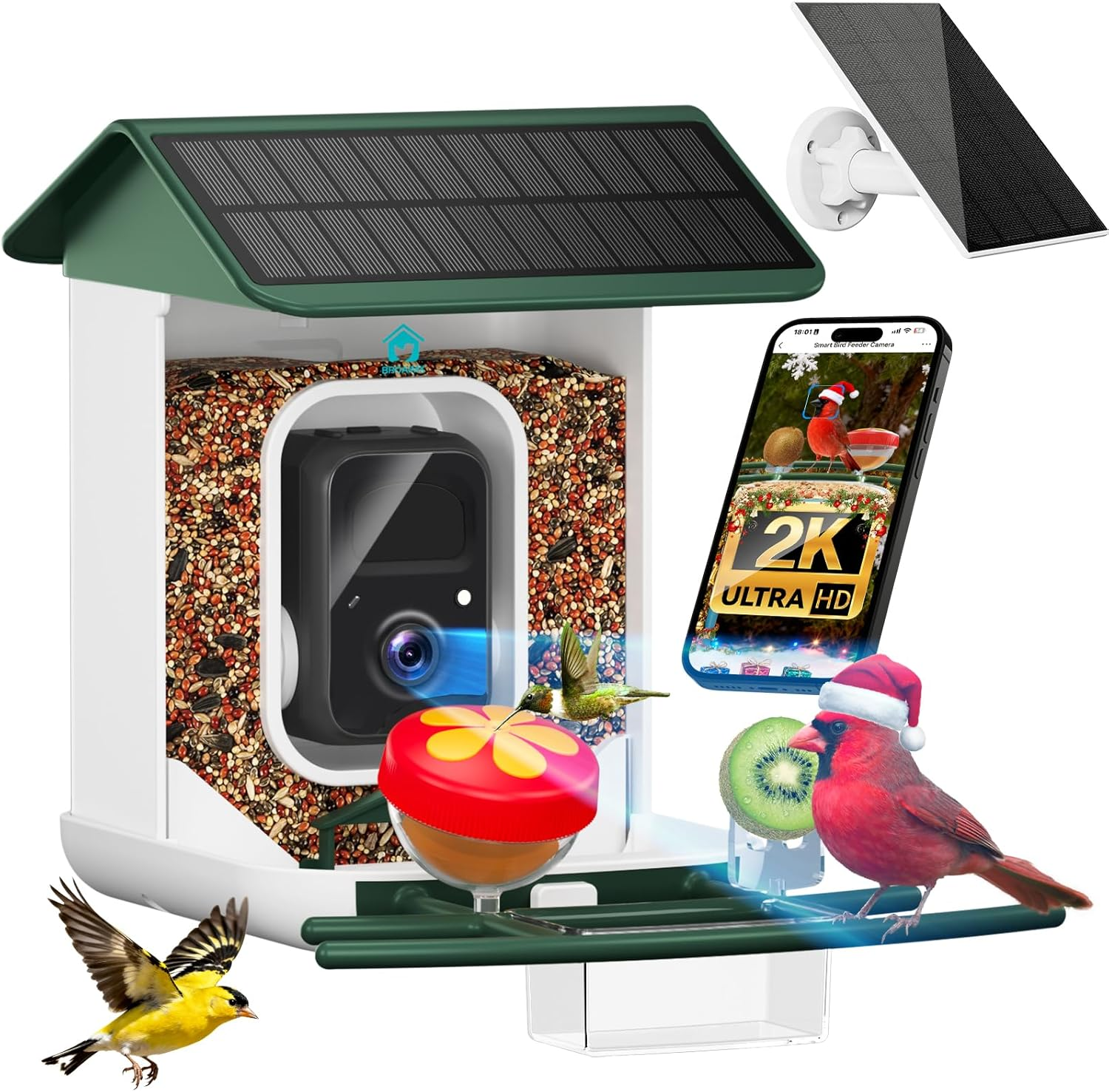 Smart Bird Feeder with Camera-AI Identify 11,000+ Species, 2K HD Auto Capture Birds Video & 64G TF Card, Solar-Powered Wireless Outdoor Design, Birdhouse with Built-in Two-Way Microphone