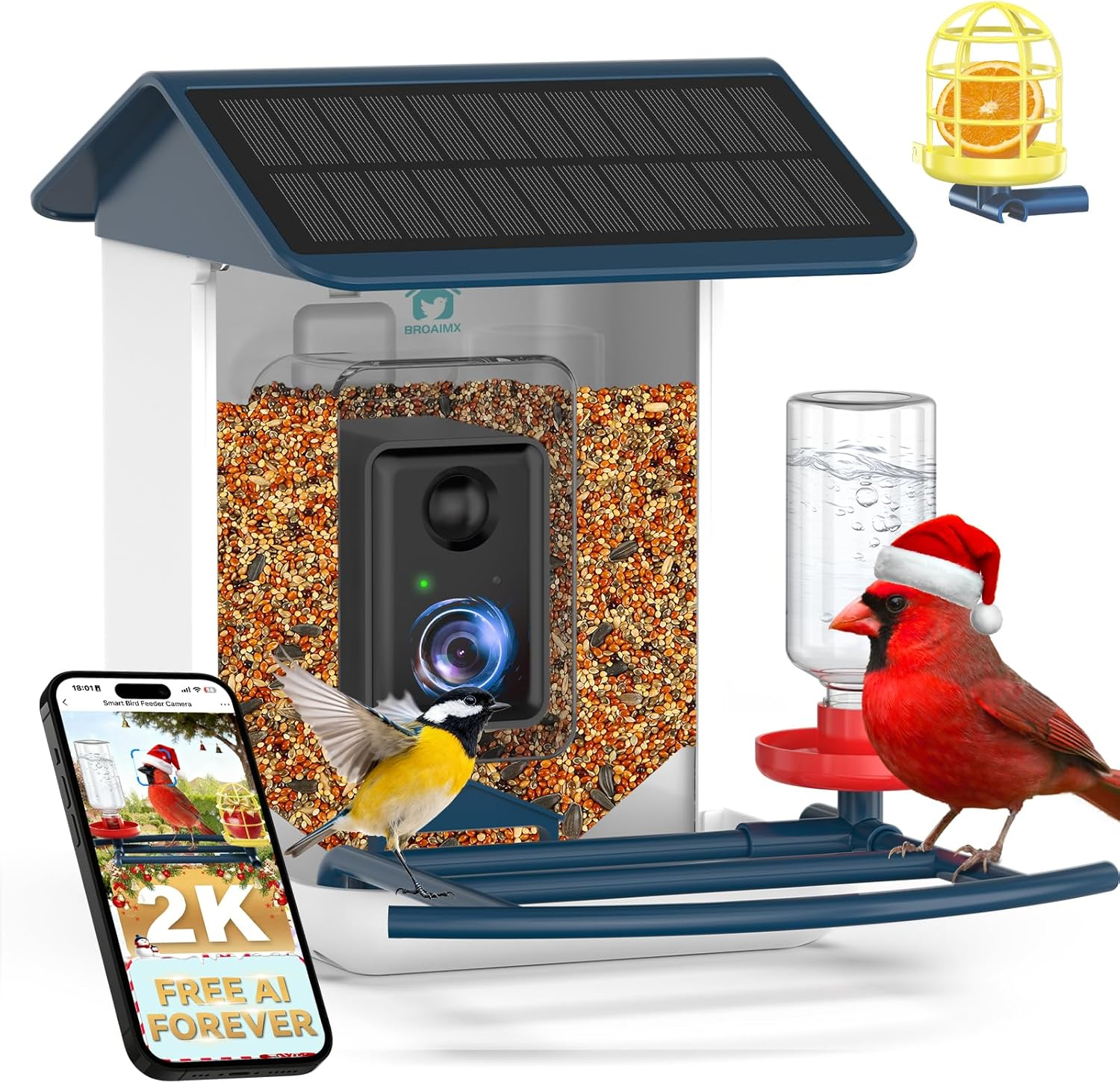 Bird Feeder with Camera-2K HD & Full Color Night Vision, Free AI Forever for 1,1000+ Species Identification, Solar Powered Wireless Outdoor, Includes 64GB TF Card, Two-Way Audio, App Alerts