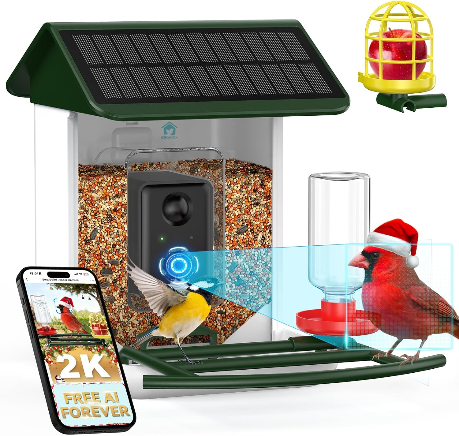 Bird Feeder with Camera-2K HD & Full Color Night Vision, Free AI Forever for 1,1000+ Species Identification, Solar Powered Wireless Outdoor, Includes 64GB TF Card, Two-Way Audio, App Alerts