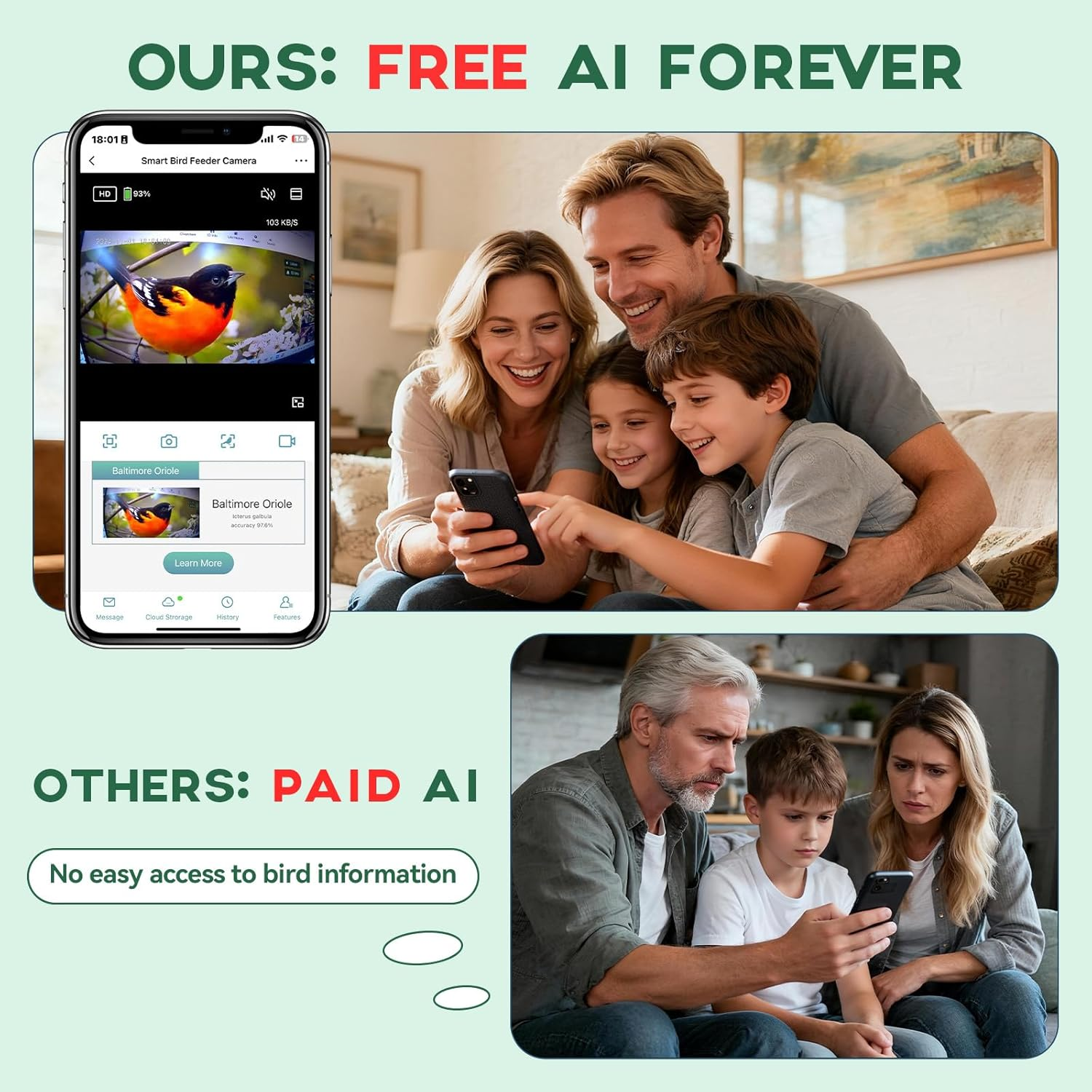 Bird Feeder with Camera-2K HD & Full Color Night Vision, Free AI Forever for 1,1000+ Species Identification, Solar Powered Wireless Outdoor, Includes 64GB TF Card, Two-Way Audio, App Alerts