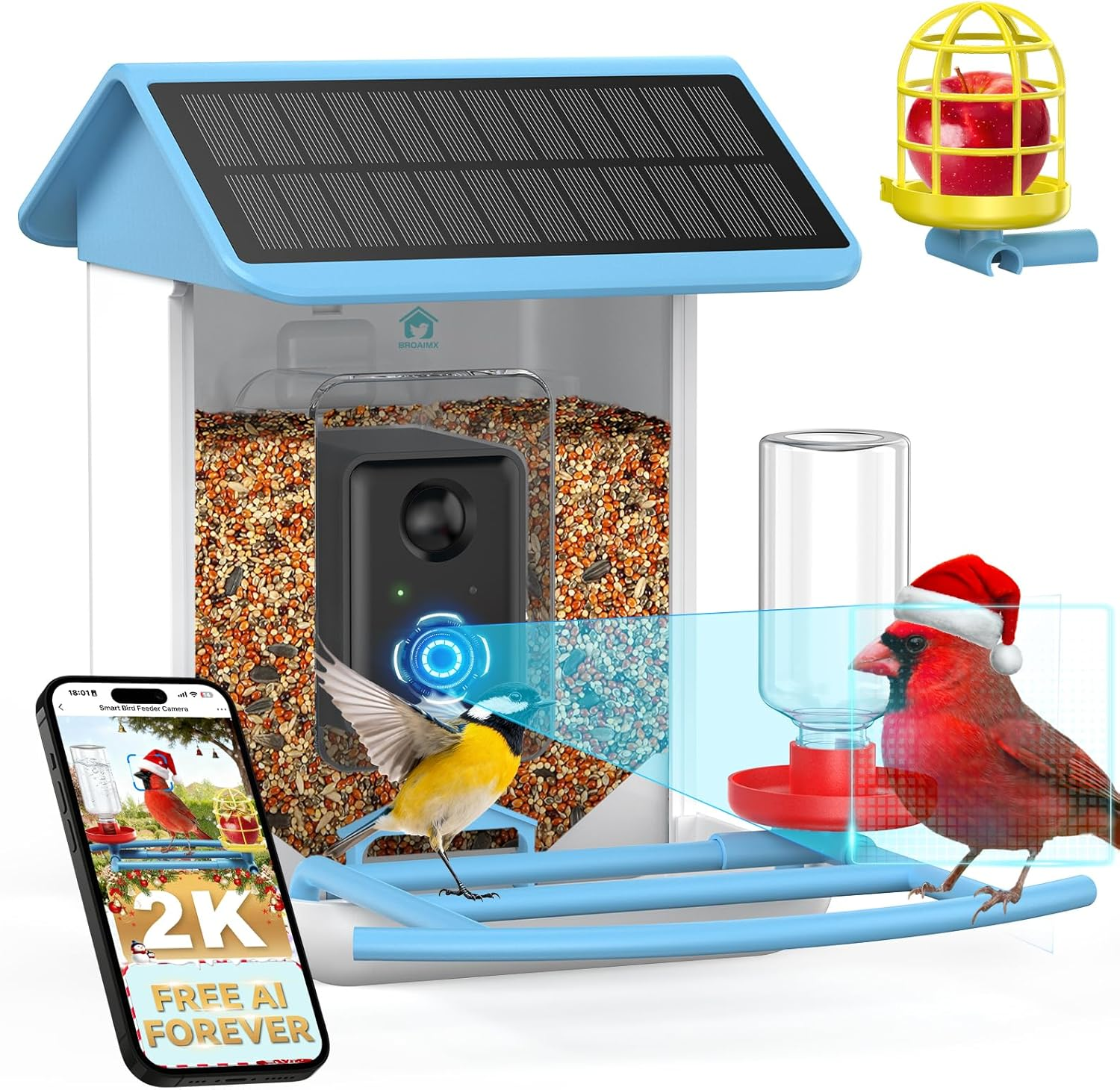 Bird Feeder with Camera-2K HD & Full Color Night Vision, Free AI Forever for 1,1000+ Species Identification, Solar Powered Wireless Outdoor, Includes 64GB TF Card, Two-Way Audio, App Alerts