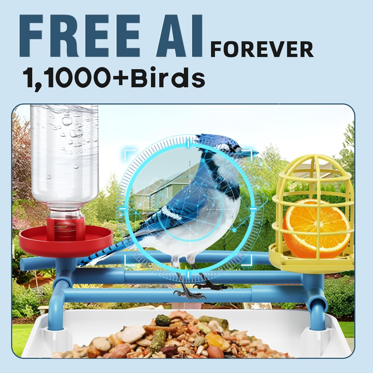 Bird Feeder with Camera-2K HD & Full Color Night Vision, Free AI Forever for 1,1000+ Species Identification, Solar Powered Wireless Outdoor, Includes 64GB TF Card, Two-Way Audio, App Alerts