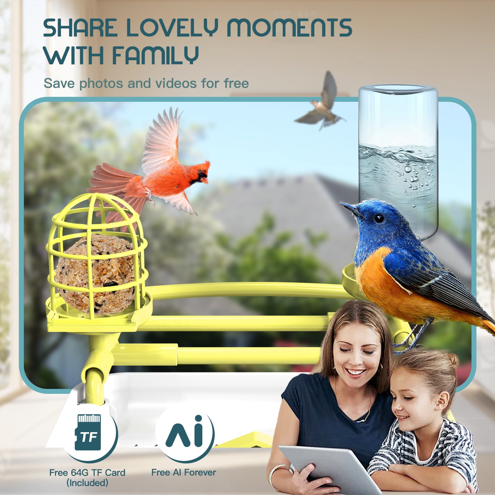 Smart Bird Feeder with Camera, Free AI Forever for 11,000+ Bird Species, 64G TF Card & 1080P HD, Solar-Powered Wireless Outdoor Bird Feeder, App Alerts & Two-Way Audio for Garden Bird Watching