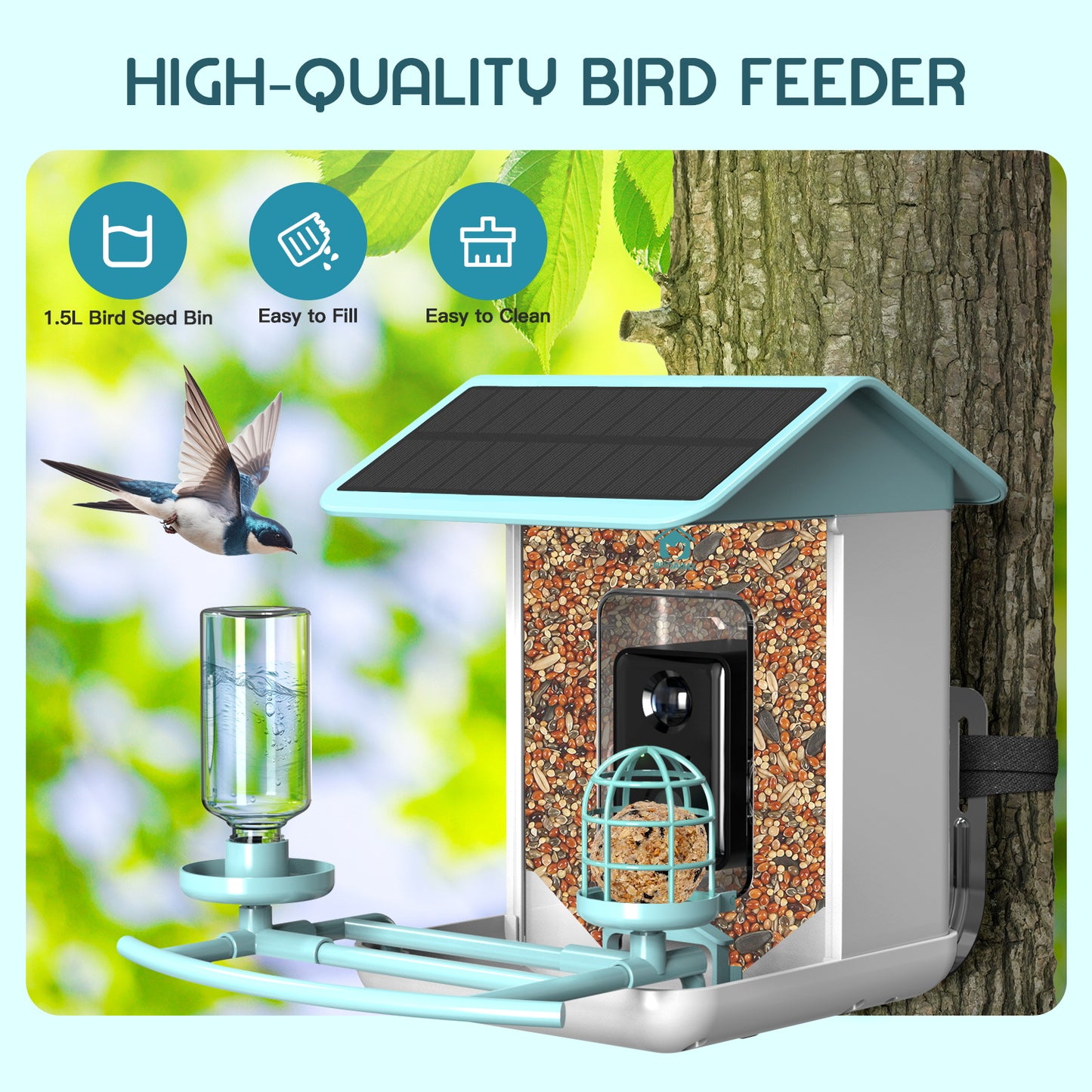 Smart Bird Feeder with Camera, Free AI Forever for 11,000+ Bird Species, 64G TF Card & 1080P HD, Solar-Powered Wireless Outdoor Bird Feeder, App Alerts & Two-Way Audio for Garden Bird Watching