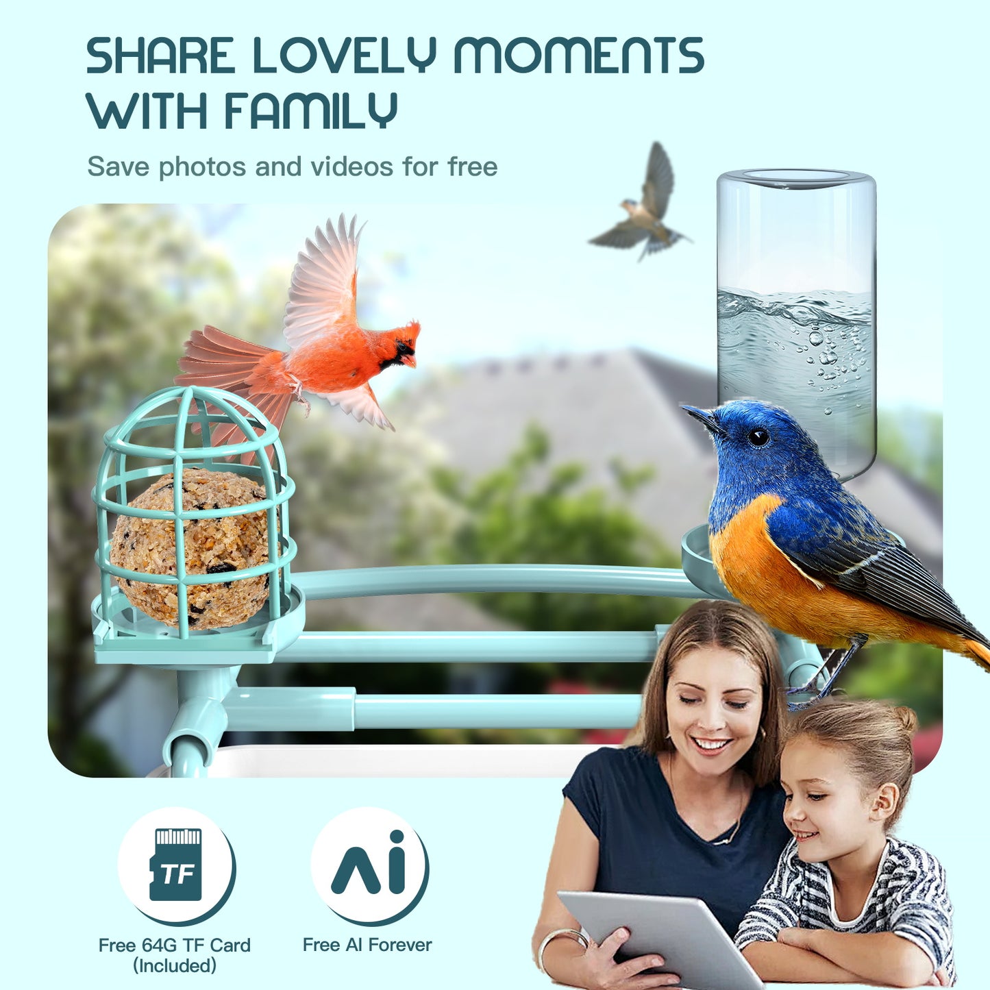 Smart Bird Feeder with Camera, Free AI Forever for 11,000+ Bird Species, 64G TF Card & 1080P HD, Solar-Powered Wireless Outdoor Bird Feeder, App Alerts & Two-Way Audio for Garden Bird Watching