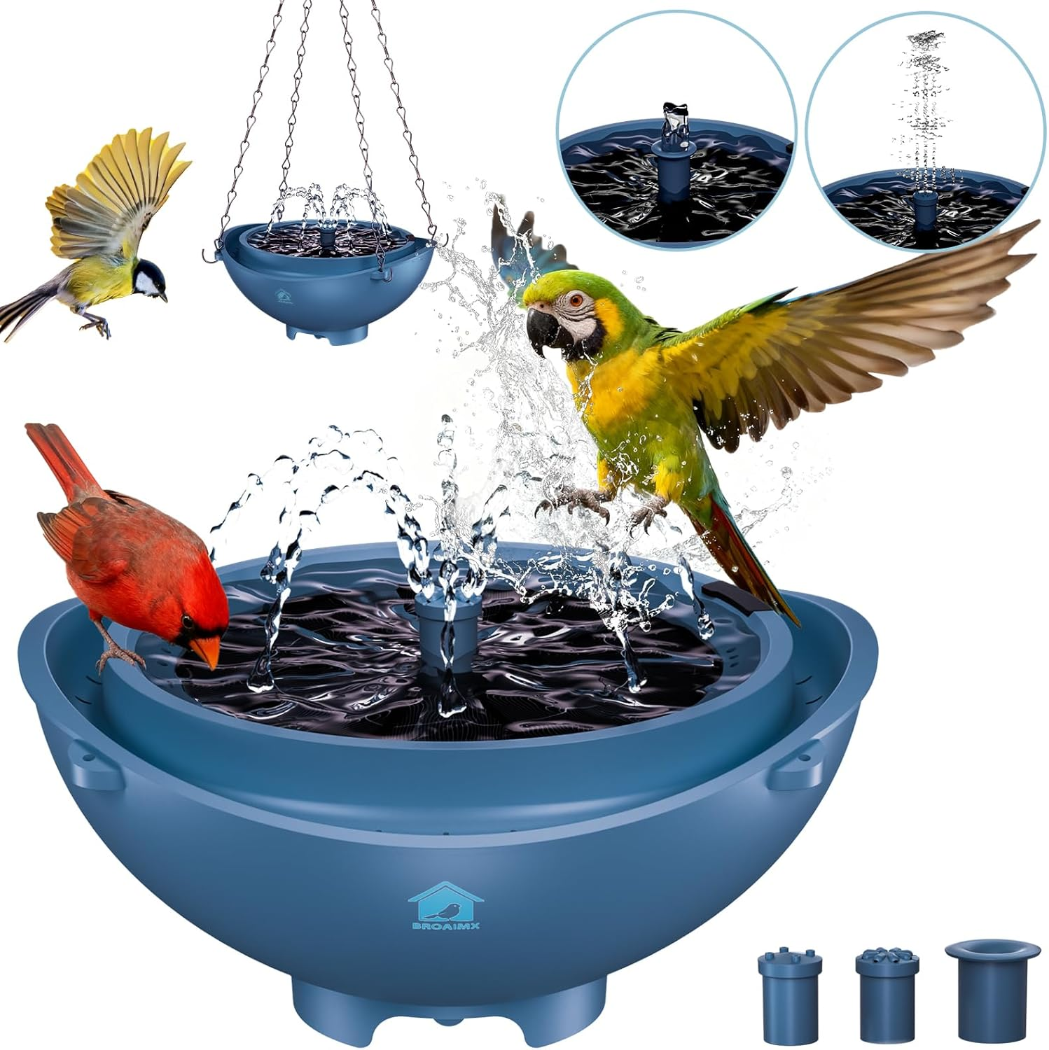 Solar Powered Bird Bath Fountain with Built-in Lithium Battery, 3 Nozzles for Garden, Automatic Low-Water Protection, Gift for Bird Lovers (Deep Blue)