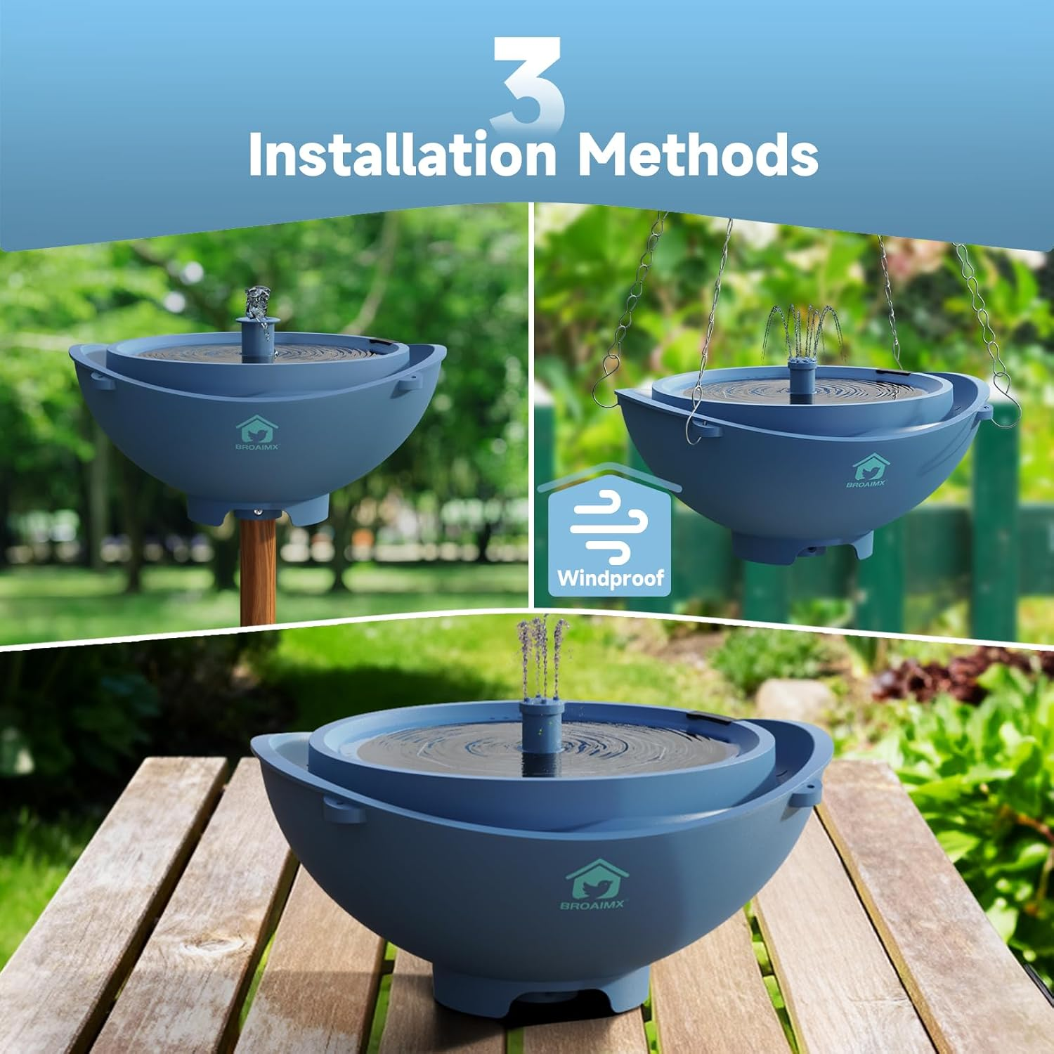 Solar Powered Bird Bath Fountain with Built-in Lithium Battery, 3 Nozzles for Garden, Automatic Low-Water Protection, Gift for Bird Lovers (Deep Blue)