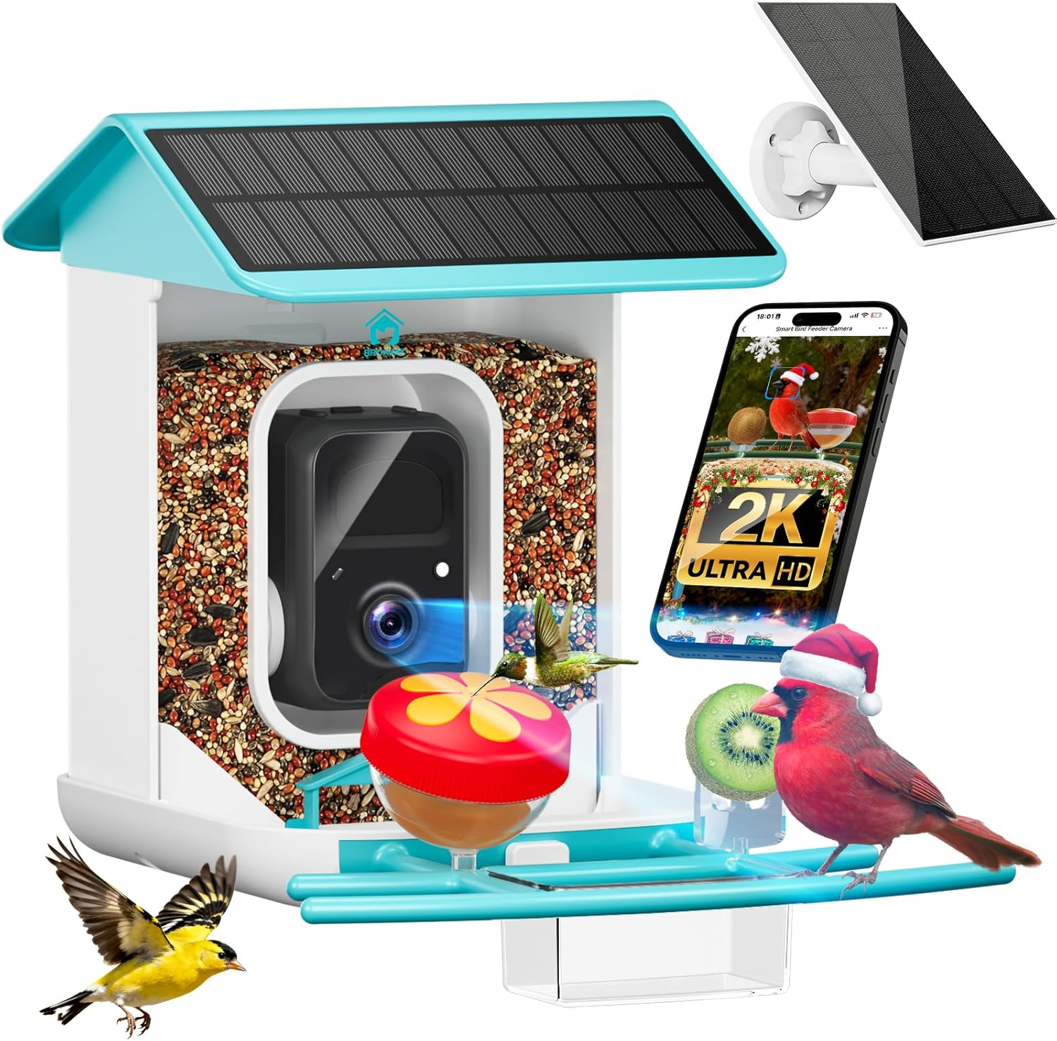 Smart Bird Feeder with Camera-AI Identify 11,000+ Species, 2K HD Auto Capture Birds Video & 64G TF Card, Solar-Powered Wireless Outdoor Design, Birdhouse with Built-in Two-Way Microphone