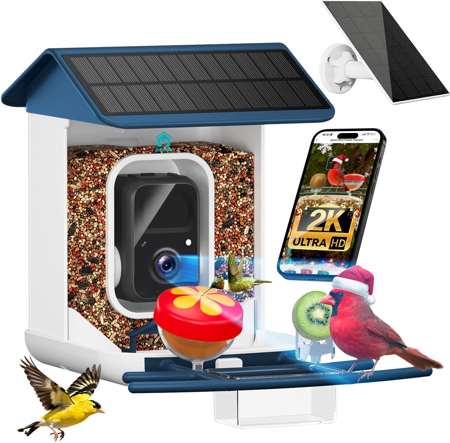 Smart Bird Feeder with Camera-AI Identify 11,000+ Species, 2K HD Auto Capture Birds Video & 64G TF Card, Solar-Powered Wireless Outdoor Design, Birdhouse with Built-in Two-Way Microphone