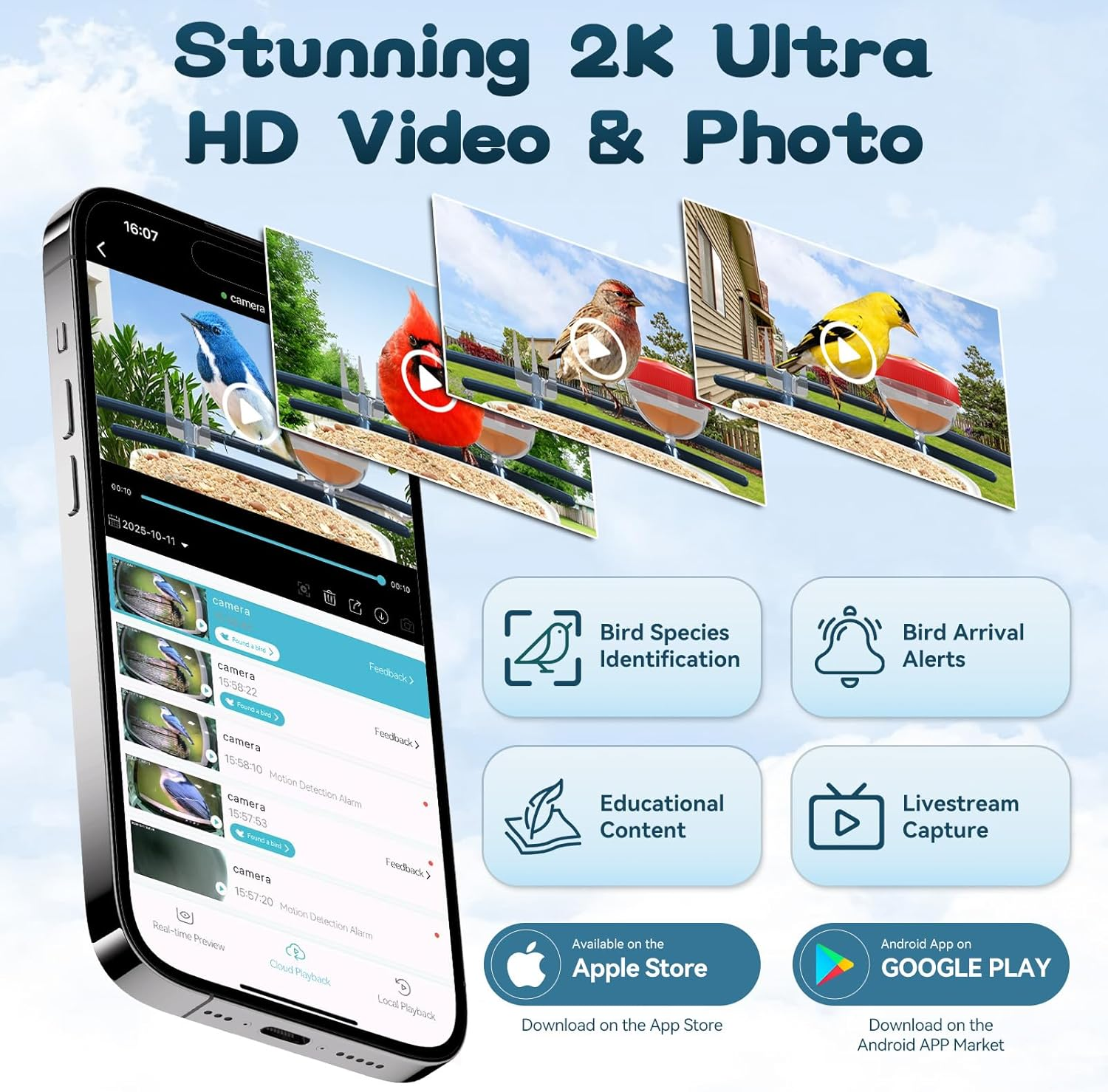 Smart Bird Feeder with Camera-AI Identify 11,000+ Species, 2K HD Auto Capture Birds Video & 64G TF Card, Solar-Powered Wireless Outdoor Design, Birdhouse with Built-in Two-Way Microphone