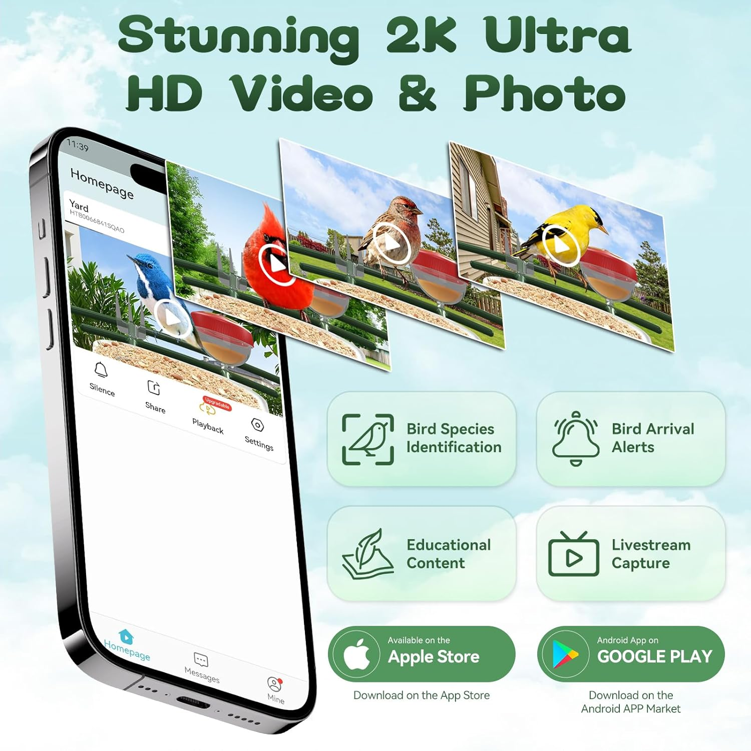 Smart Bird Feeder with Camera-AI Identify 11,000+ Species, 2K HD Auto Capture Birds Video & 64G TF Card, Solar-Powered Wireless Outdoor Design, Birdhouse with Built-in Two-Way Microphone