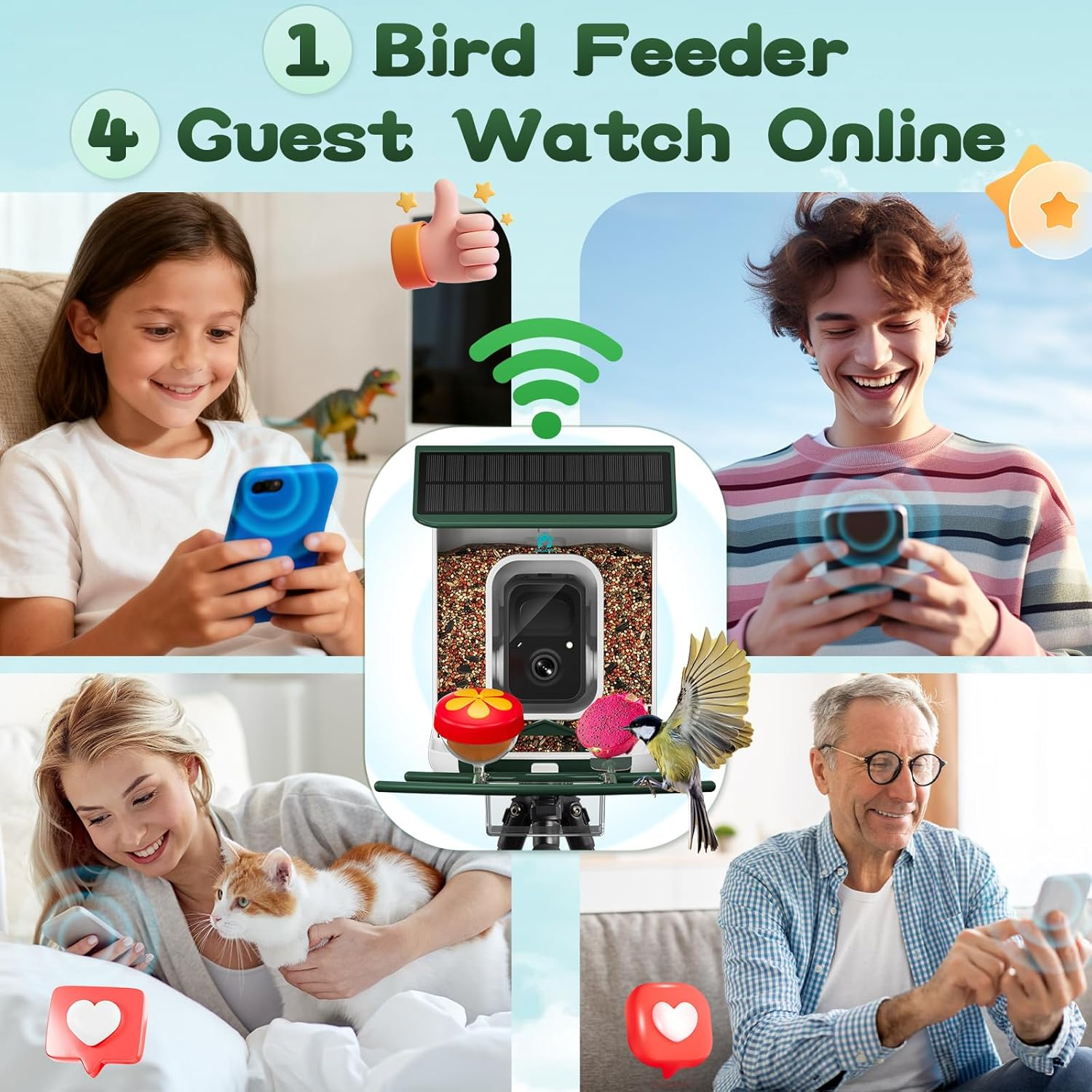 Smart Bird Feeder with Camera-AI Identify 11,000+ Species, 2K HD Auto Capture Birds Video & 64G TF Card, Solar-Powered Wireless Outdoor Design, Birdhouse with Built-in Two-Way Microphone