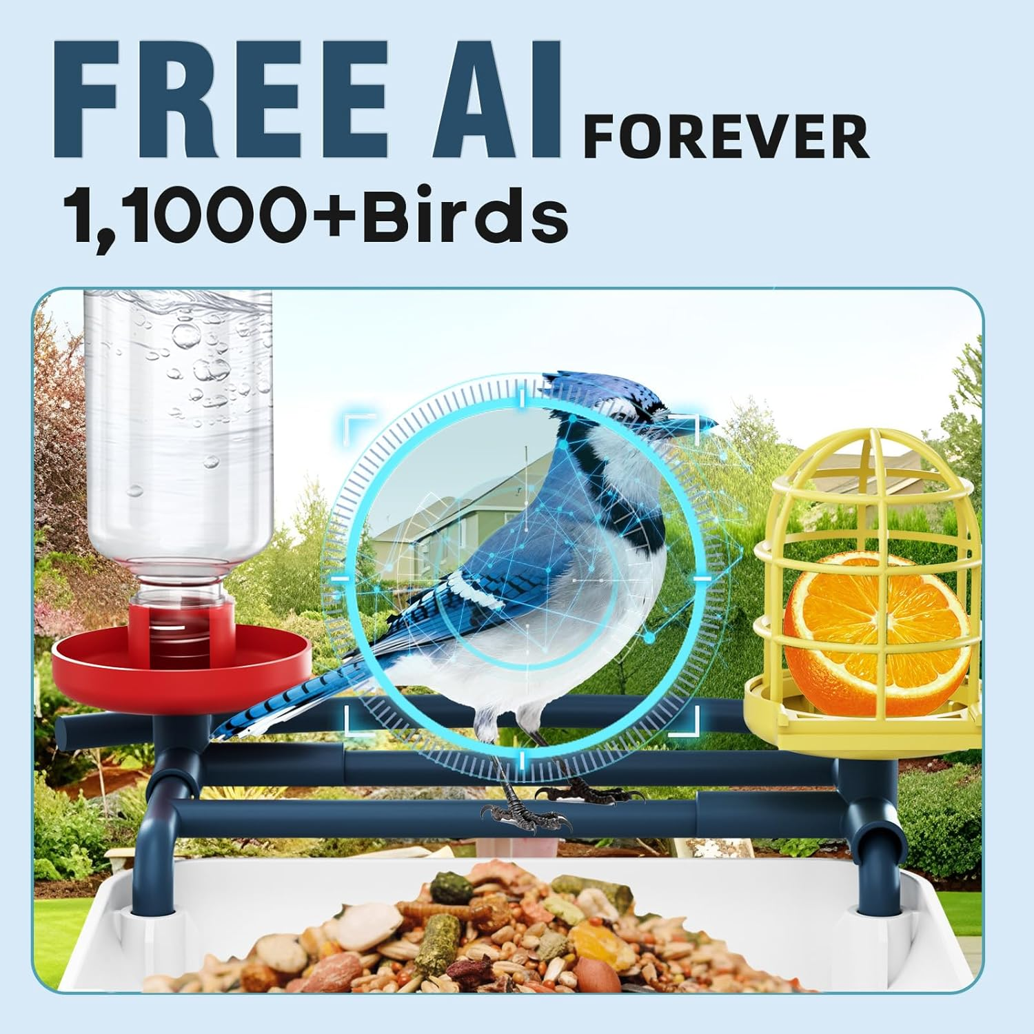 Bird Feeder with Camera-2K HD & Full Color Night Vision, Free AI Forever for 1,1000+ Species Identification, Solar Powered Wireless Outdoor, Includes 64GB TF Card, Two-Way Audio, App Alerts