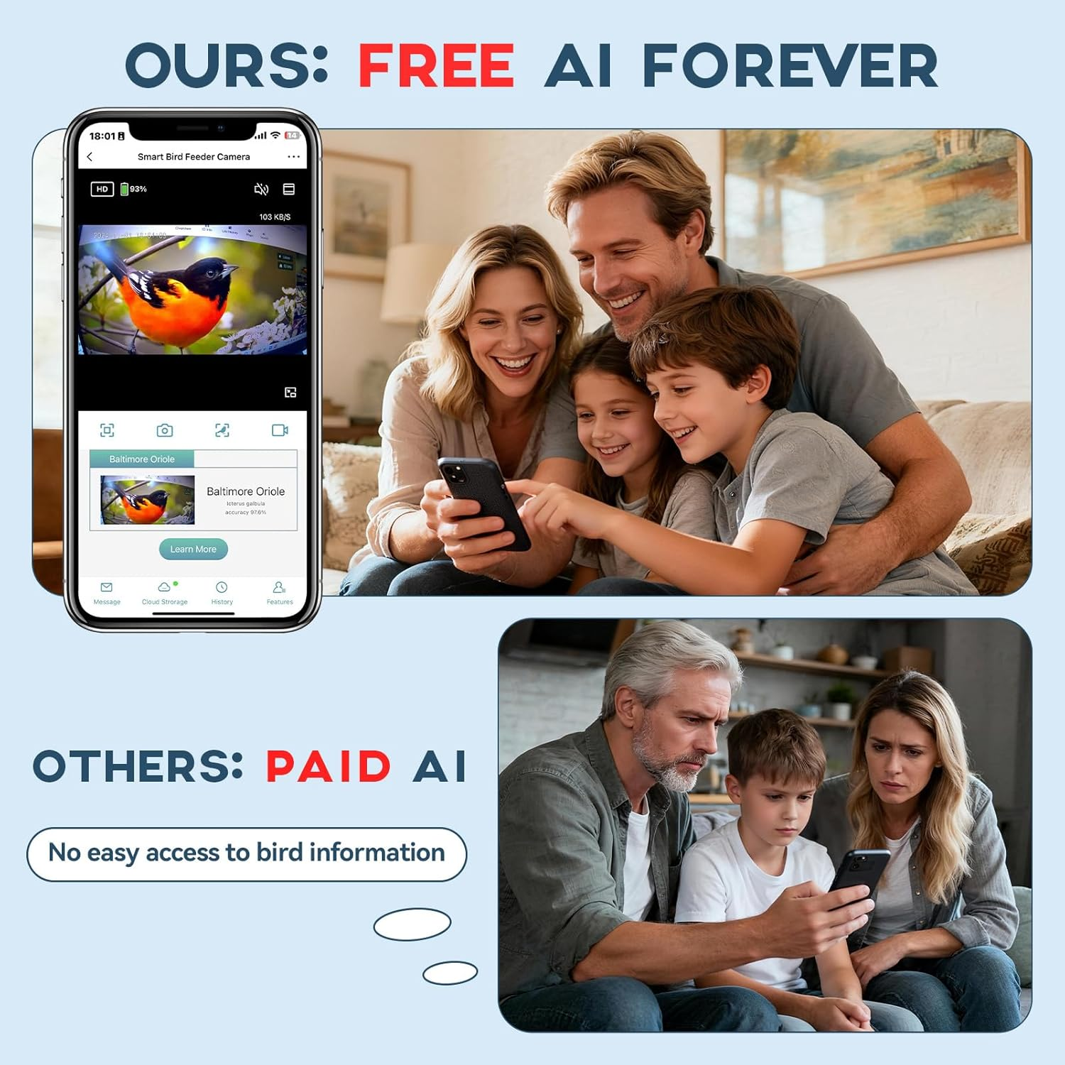 Bird Feeder with Camera-2K HD & Full Color Night Vision, Free AI Forever for 1,1000+ Species Identification, Solar Powered Wireless Outdoor, Includes 64GB TF Card, Two-Way Audio, App Alerts