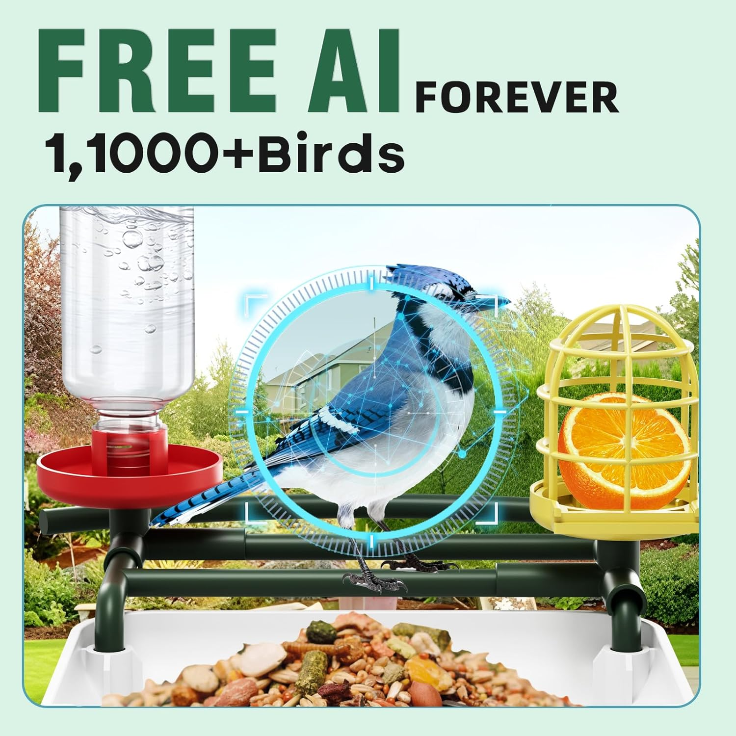 Bird Feeder with Camera-2K HD & Full Color Night Vision, Free AI Forever for 1,1000+ Species Identification, Solar Powered Wireless Outdoor, Includes 64GB TF Card, Two-Way Audio, App Alerts