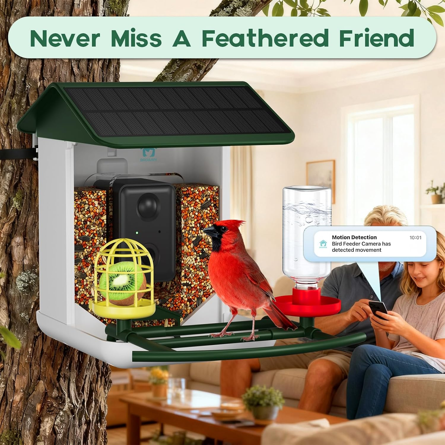 Bird Feeder with Camera-2K HD & Full Color Night Vision, Free AI Forever for 1,1000+ Species Identification, Solar Powered Wireless Outdoor, Includes 64GB TF Card, Two-Way Audio, App Alerts