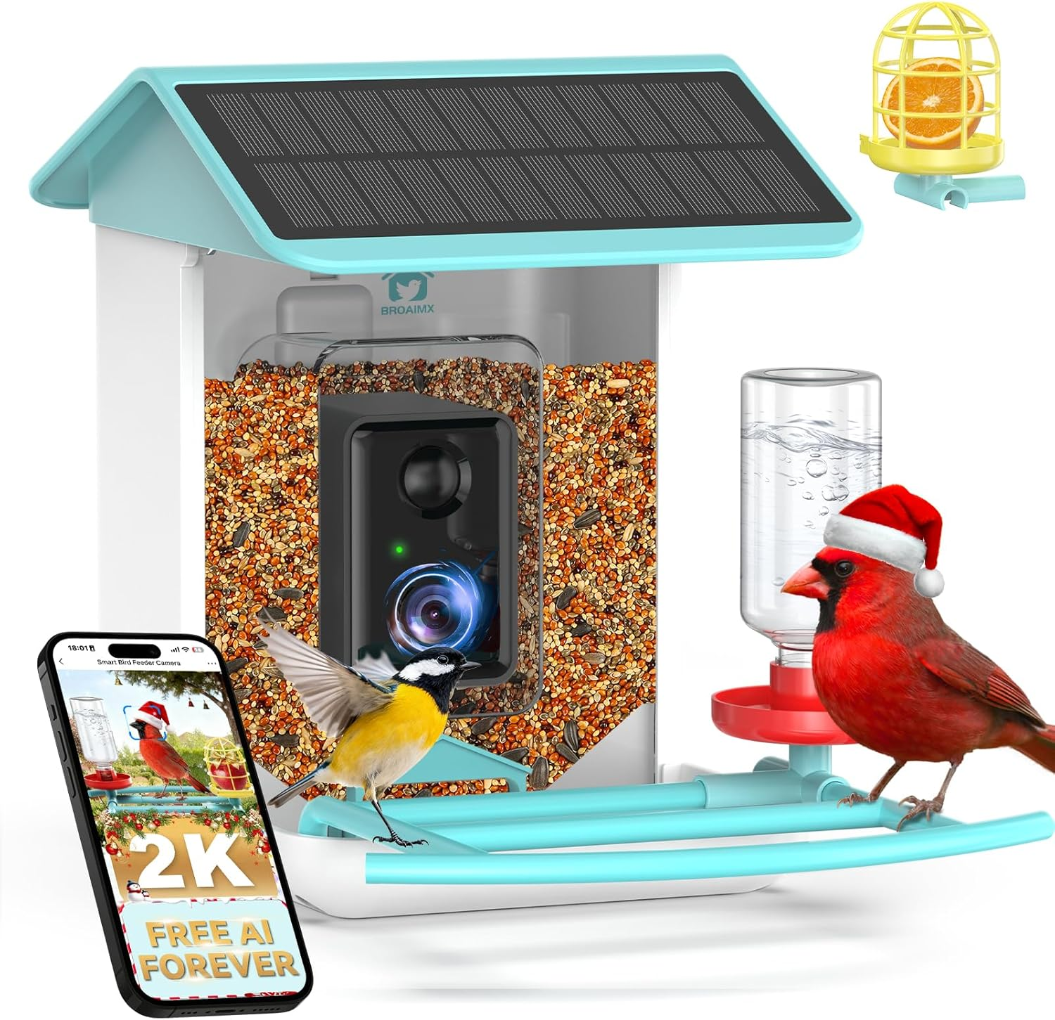 Bird Feeder with Camera- Free AI Forever for 1,1000+ Species Identification, 2K HD & Full Color Night Vision, Solar Powered Wireless Outdoor, Includes 64GB TF Card, Two-Way Audio, App Alerts