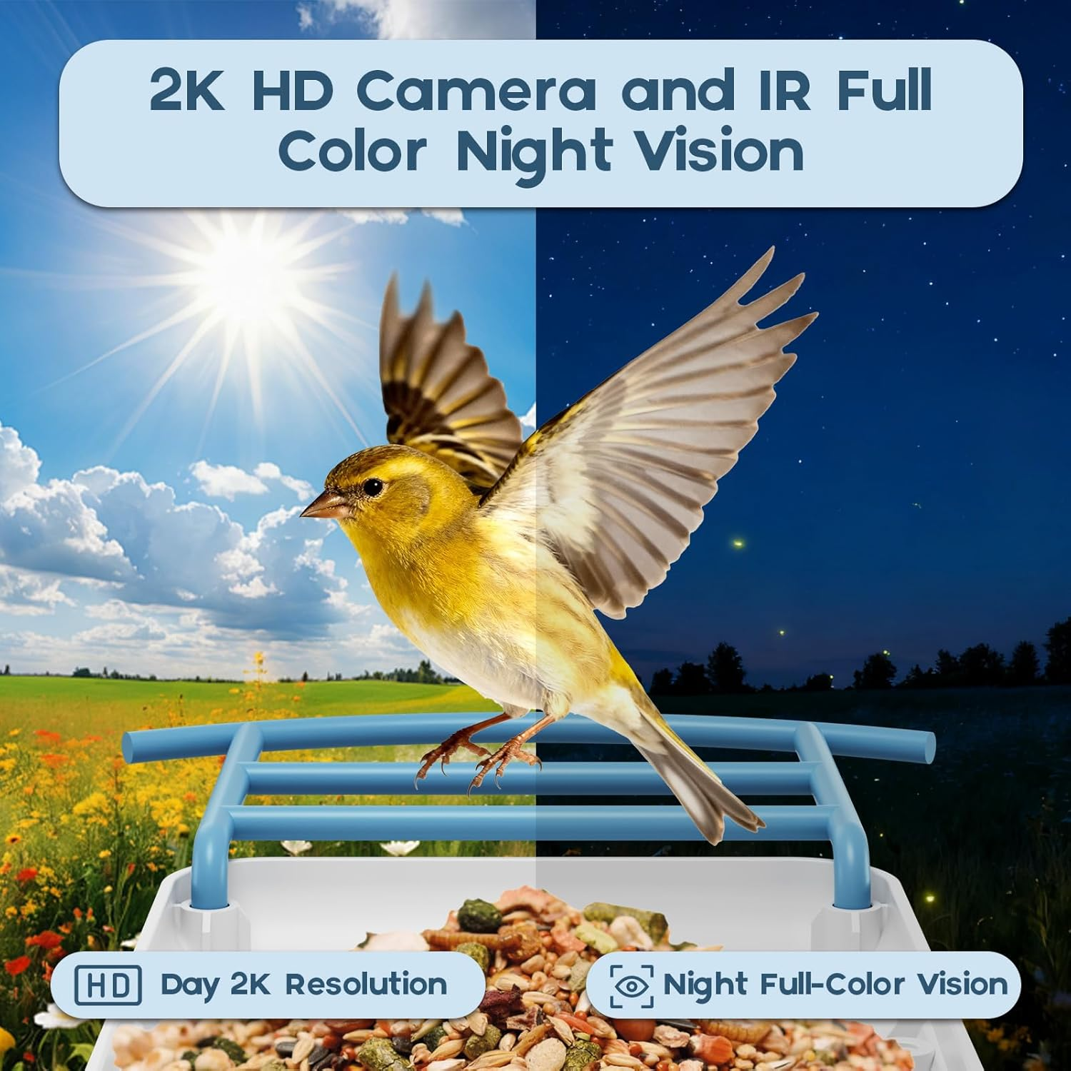 Bird Feeder with Camera-2K HD & Full Color Night Vision, Free AI Forever for 1,1000+ Species Identification, Solar Powered Wireless Outdoor, Includes 64GB TF Card, Two-Way Audio, App Alerts