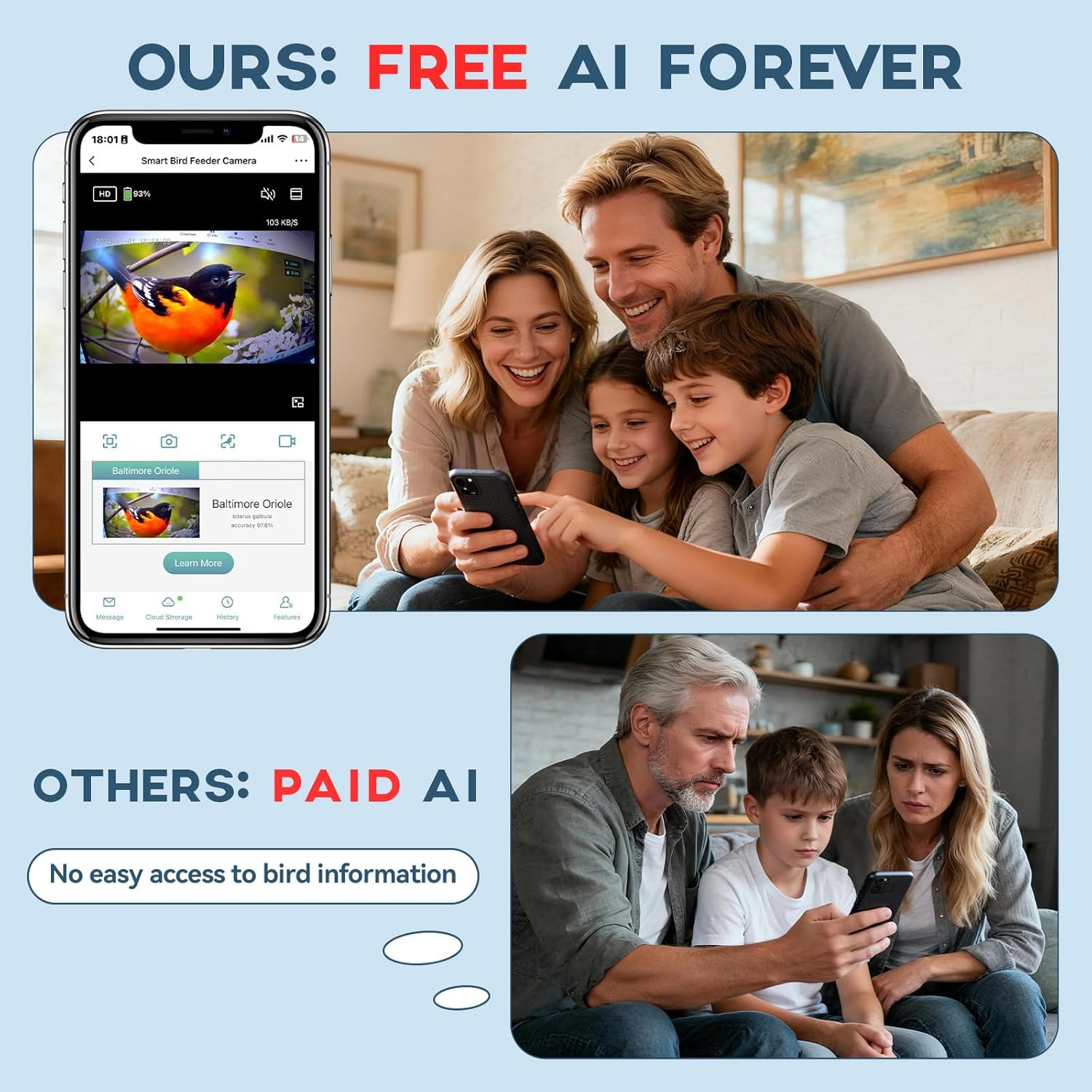 Bird Feeder with Camera-2K HD & Full Color Night Vision, Free AI Forever for 1,1000+ Species Identification, Solar Powered Wireless Outdoor, Includes 64GB TF Card, Two-Way Audio, App Alerts