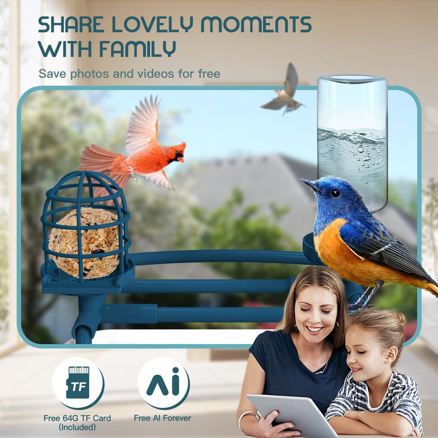 Smart Bird Feeder with Camera, Free AI Forever for 11,000+ Bird Species, 64G TF Card & 1080P HD, Solar-Powered Wireless Outdoor Bird Feeder, App Alerts & Two-Way Audio for Garden Bird Watching