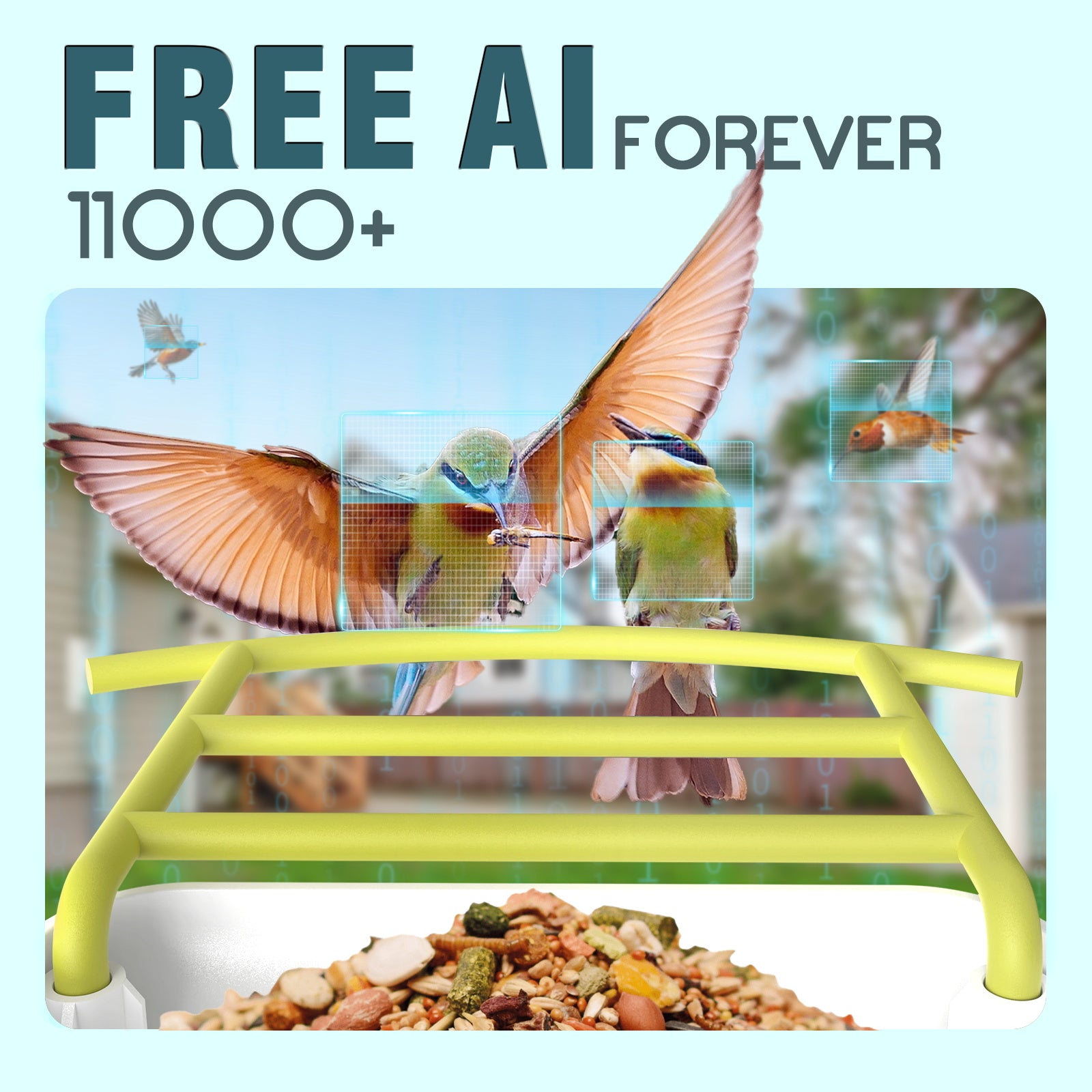 Smart Bird Feeder with Camera, Free AI Forever for 11,000+ Bird Species, 64G TF Card & 1080P HD, Solar-Powered Wireless Outdoor Bird Feeder, App Alerts & Two-Way Audio for Garden Bird Watching